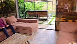 Fucking blind man's daughter next to him, cum drops on father-in-law