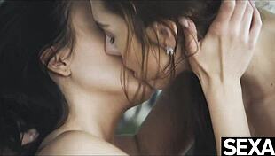 Two girls in lingerie give each other orgasms at work