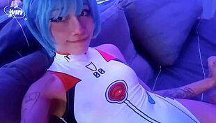rei ayanami cosplay babe gives a sloppy blowjob before cum splashes on her bodysuit