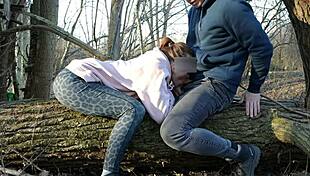 Redhead public deepthroats dick and rough fucks in the wood, cumming in mouth