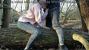 Redhead public deepthroats dick and rough fucks in the wood, cumming in mouth