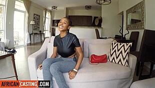 Amateur ebony model tricked to suck white cock at couch casting call