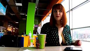 BBW MILF flashes big boobs in mall shop, upskirt riding cock POV