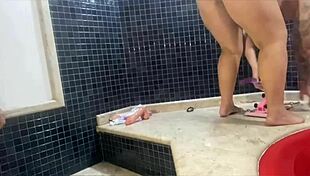 Milf friend thrusts two cocks in pussy with sex machine