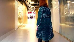 BBW MILF flashes big boobs in mall shop, upskirt riding cock POV