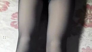 Crossdresser Jerks Off In Black Pantyhose And Short Jeans