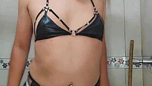 Transsexual In Bathroom Indulges In Sensual Touching