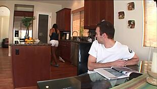 The cleaning lady with a hairy pussy gets anal fucked in the kitchen