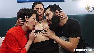 skinny brunette teens get assfucked in threesome with hairy pussies