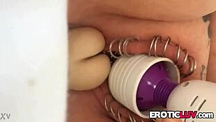 horny babe toys pierced pussy