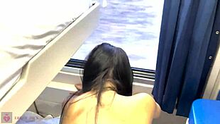on the train, she gets face fucked while wearing glasses