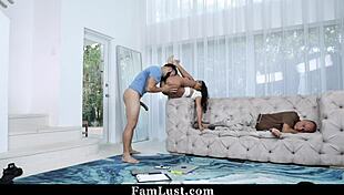 Stepsister rips stepbro's cock free and sucks hard while stepdad sleeps! Unbelievable famlust action.