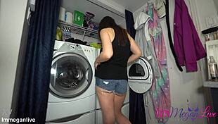 Watch me take clothes from dryer in short shorts