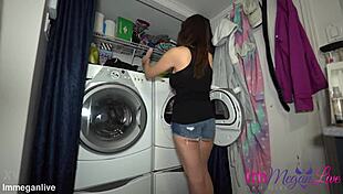 Watch me take clothes from dryer in short shorts