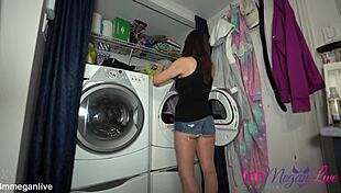 Watch me take clothes from dryer in short shorts