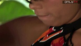 Tanned woman enjoys anal massage with toys, licking, fingering, and cum on tits at beachside resort