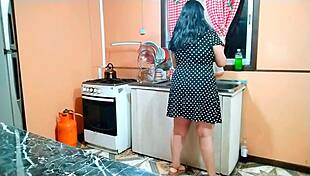 Stepmothers spoiled stepson fucks her wet pussy in the kitchen