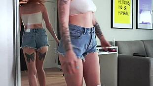 Babe in Jean Shorts Sucks Cock Like a Goddess