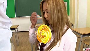 Yui Aoyama, hot Japanese babe, gets banged in class with creampie after blowjob