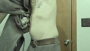 the skinny girl with small waist strips naked in the bathroom, exposing her body to the big cock