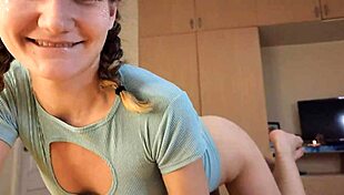 Cute petite 18+ babe jerks off with her feet and sucks huge dick pov 😍