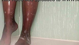 nylon feet teased wet in shower bathing