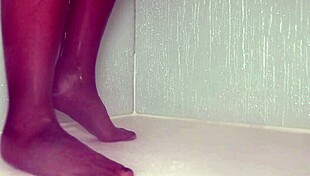 nylon feet teased wet in shower bathing