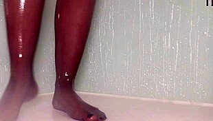 nylon feet teased wet in shower bathing