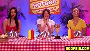 Kinky ebony contestant straps on to pound competitors in lesbian group