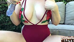 naughty penny pax plays with her double-head dildo outside