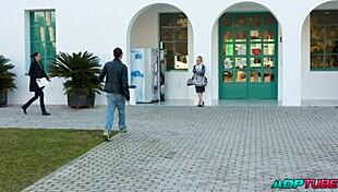 Intensely fucking the cute french girl with brown eyes on university campus.