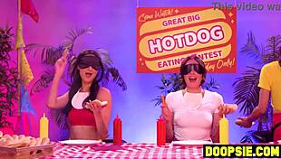 Kinky ebony contestant straps on to pound competitors in lesbian group