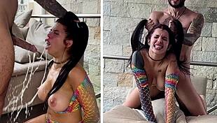 Submissive slut with BIG TITS humiliated with milk before a brutal creampie