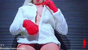 Hot mature blonde in lingerie shows natural tits, hairy pussy, and tasty clitoris.