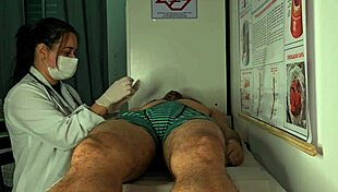 Patient gets hard erection in front of nurse leading to deepthroat and rough pussy banging. Cute brunette in uniform handles big cock with handjob and moaning sex.