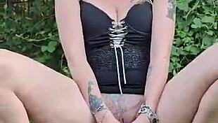 Suggestive masturbation session happening outdoors, teasing with every touch.