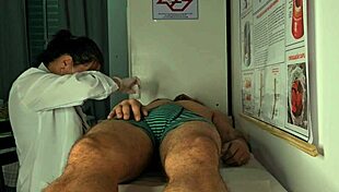 Patient gets hard erection in front of nurse leading to deepthroat and rough pussy banging. Cute brunette in uniform handles big cock with handjob and moaning sex.