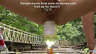 red-white stripped lady anal bottle destruction