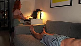 nerdy redhead shows off while sucking in pov couple action