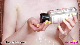 pretty teen 18+ blonde took a shower in a casual bathroom setting