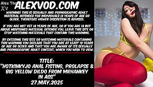 hotkinkyjo dives into extreme anal play, starting with fisting that leads to prolapse, then inserts a big yellow dildo from mrhankey deep inside her ass