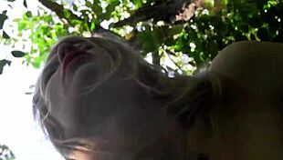 Wife masturbates shaved pussy on tree!