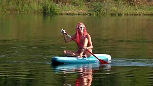 Tall skinny girl flashes her small tits in pink micro bikini at the beach