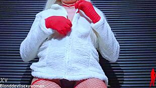 Hot mature blonde in lingerie shows natural tits, hairy pussy, and tasty clitoris.