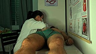 Patient gets hard erection in front of nurse leading to deepthroat and rough pussy banging. Cute brunette in uniform handles big cock with handjob and moaning sex.