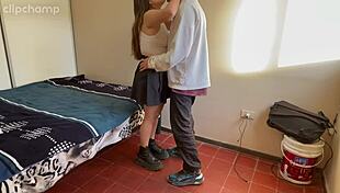 Amateur college student fucked in skirt and socks with bent over blowjob