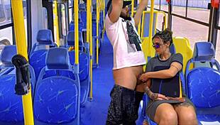 Nympho neighbor gags on monster cock in public bus, choking and licking