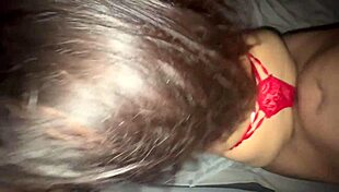 milf in red lingerie moans against the wall