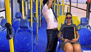Nympho neighbor gags on monster cock in public bus, choking and licking