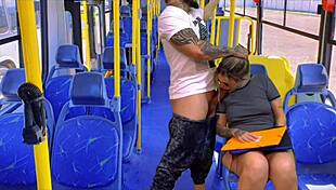 Nympho neighbor gags on monster cock in public bus, choking and licking